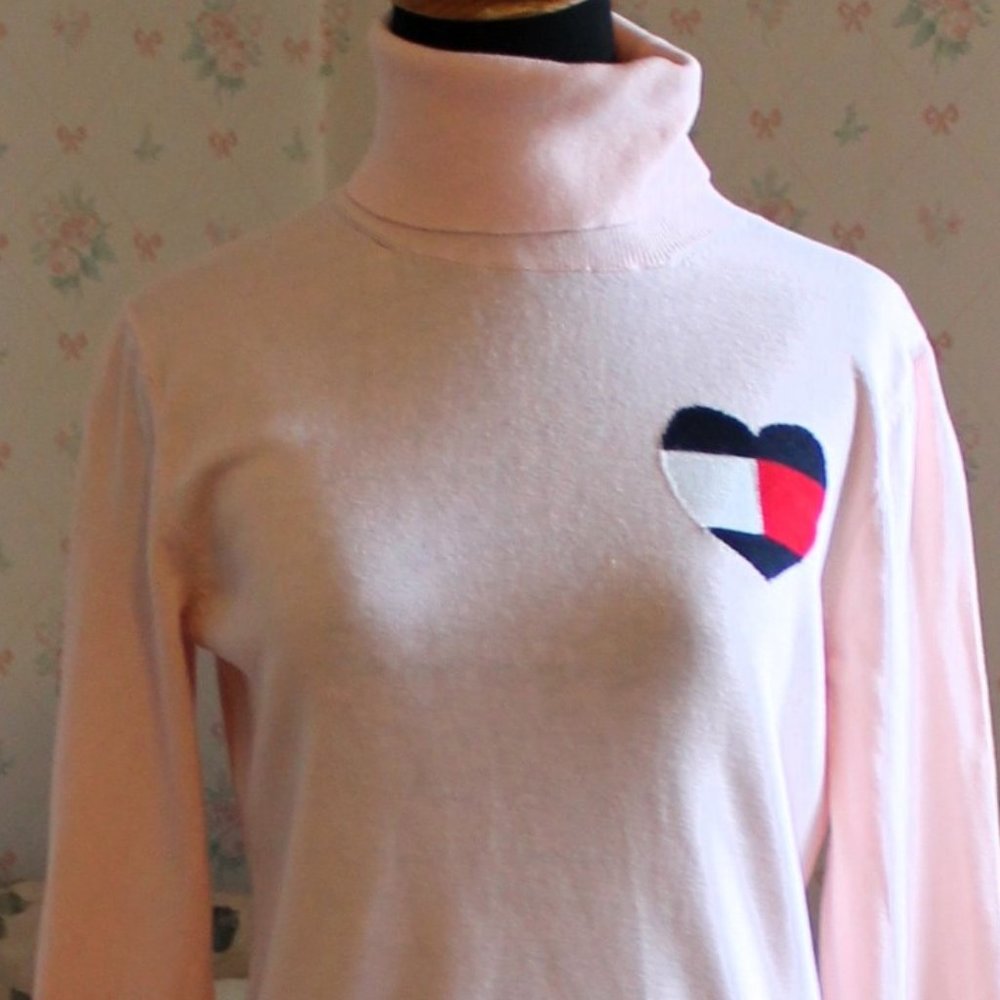 Tommy Hilfiger Pink Turtleneck, Heart Logo, Valentine Sweater, Small - Picture 2 of 10